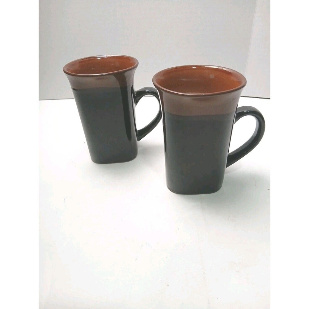 Royal Norfolk Stoneware Coffee Cup Mugs (2) 5” Tall Blue & Brown Square Bottom